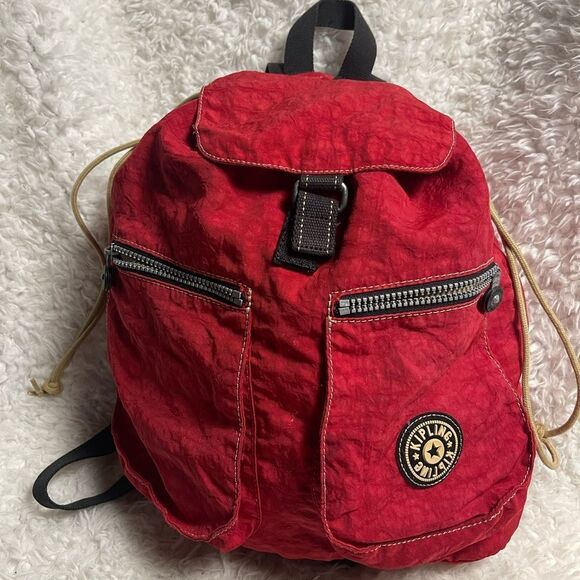 Kipling vintage 1990s red drawstring  Medium backpack nylon bag - Picture 1 of 11
